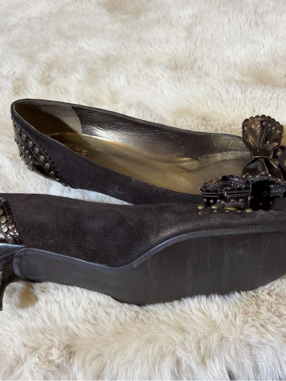 Stuart Weitzman Dark Brown Studded Bow Flats - Picture 4 of 8